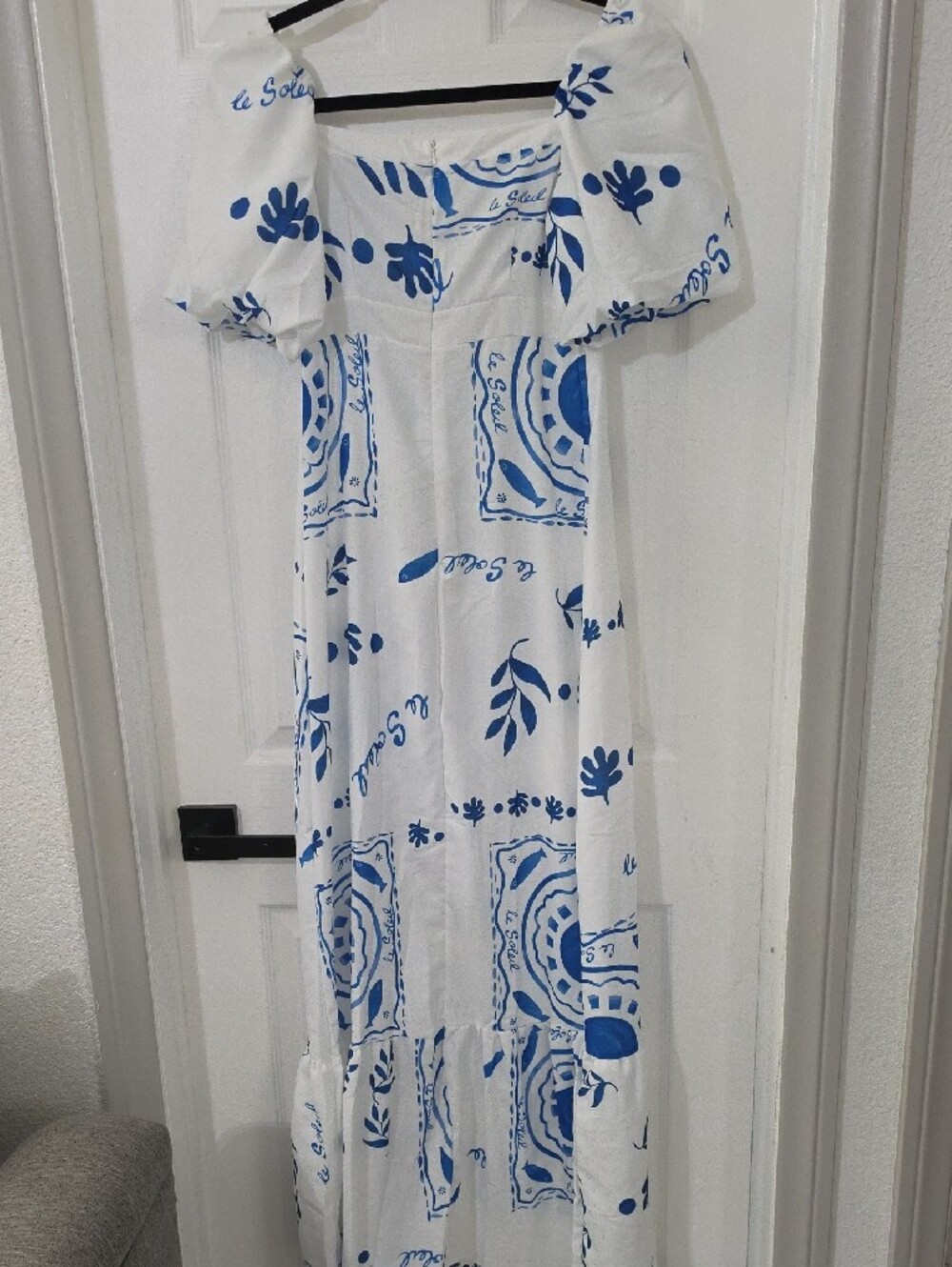 White and Blue Printed Maxi Dress with Puff Sleeves - Picture 2 of 5